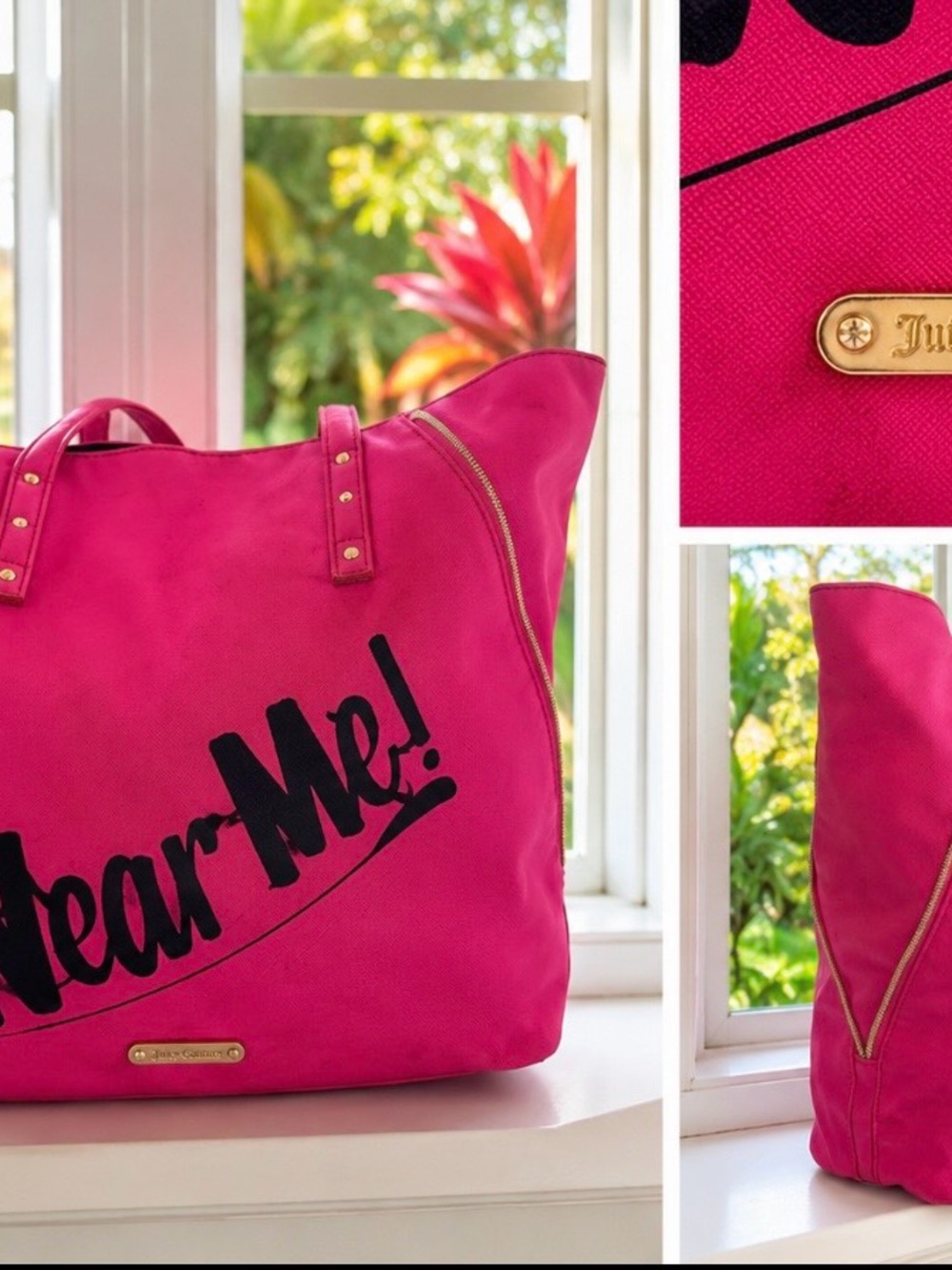 Juicy Couture Hot Pink Canvas Tote with Black 'Hear Me!' Script
